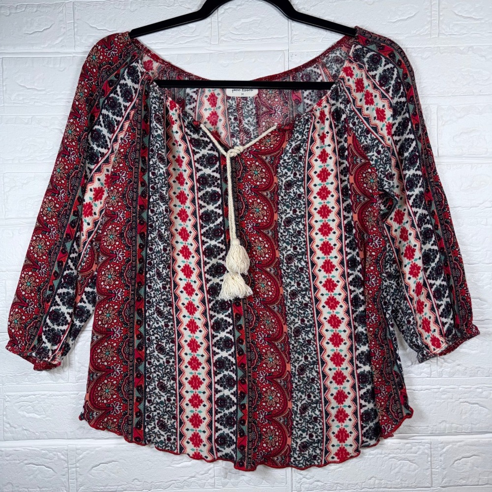 Free Kisses Peasant Top Womens Size M Red Boho Paisley Tassel Tie Blouse